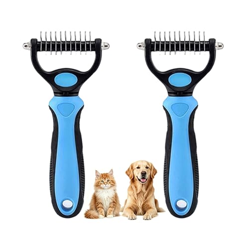 Dematting Comb for Dogs and Cats, Undercoat Rake Pet Brush for Long Hair, Deshedding Dog Brush Removes Tangles Knots and Loose Fur, Grooming Tool for Thick Coats (Blue M*2) - color: Blue M*2