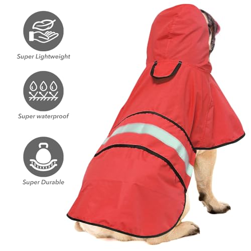 Reflective Dog Raincoat - Adjustable Waterproof Pet Rain Jacket, Lightweight Dog Hooded Rain Slicker Poncho for Small to X- Large Dogs and Puppies (Red, Small) - color: Red, size: Small