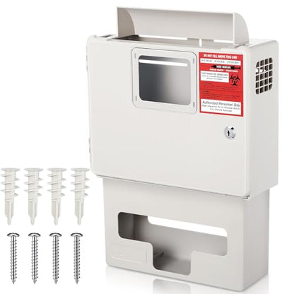 1 Set Wall Mount Locking Cabinet with Glove Box for 5 Qt Sharps Container | Locking Cabinet for Secure Sharps Disposal, Includes Wall Mount Screws, Fits 5 Quart Container, Glove Dispenser Below