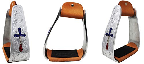 CHALLENGER Horse Saddle Stirrup Pair Western Aluminium Cross Engraved Saddle Rhinestones 51207V