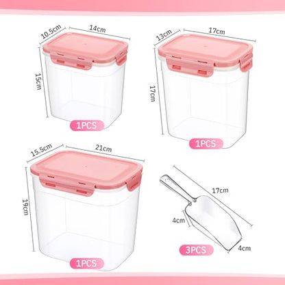 Patelai 6 Pcs Dog and Cat Food Storage Containers with Scoops Set Plastic Pet Food Storage Containers Stackable Airtight Dry for Kitchen 1.27 Qt, 2.4 Qt, 4 Qt(Pink) - color: Pink
