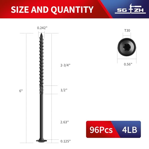 #14 x 6 Inch Lag Screws (96Pcs) 4lb. Structural Wood Screw, Black, Carbon Steel, Washer Head, Rust Resistant epoxy Coated, T30 Star Bit - color: Black, size: #14 x 6"