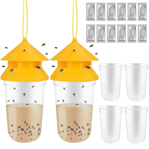 Outdoor Fly Trap, 2 Pack Reusable Hanging Fly Traps with 12 Bait Refills | Includes 12 Non-Toxic Dissolvable Bait Refills for Catching House, Barn, Filth Flies Around Patios, Yards, Farms, Ranches