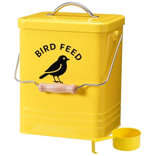 Bird Seed Storage Container, Airtight Metal Bird Food Canister Holds 5-6 LBS Wild Bird Feed, Metal Bird Feed Tin with Wooden Handle & Measuring Scoop, Dry Pet Snack & Grain Storage Bin - color: Yellow