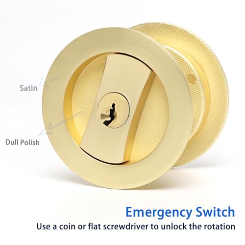 Dontay Pocket Door Keyed Lock, Round Contemporary Entrance Sliding Barn Door Lock Latch, Recessed 2 Sided, 2-3/8 inch Backset, Flush Handles Hardware(Satin Brass,2) - color: Satin Brass