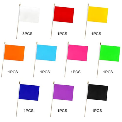 12Pcs 8×12 Inch Red White Blue Black Orange Yellow Green Purple Pink Flags Set on Wood Stick Small Mini Solid Color Blank Sublimation Handheld Flags for DIY Graffiti