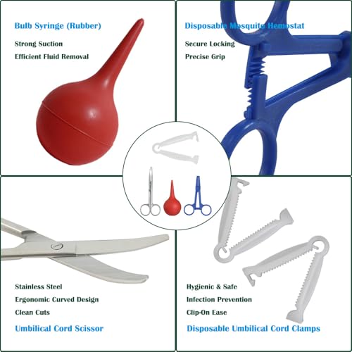 Animal Birth Kit with Curved Scissors | Disposable Umbilical Clamps, Hemostat, Bulb Syringe | Safe Delivery for Puppies, Kittens, Lambs, Piglets & Calves (Farm & Home Use) (Red - Rubber) - color: Red - Rubber