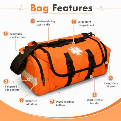 NOVAMEDIC Empty First Responder Bag, 15"x9"x8", Trauma First Aid Carries w/Multi Compartments for EMTs, Paramedics, Emergency and Medical Supplies Kit, Lightweight and Durable, Orange
