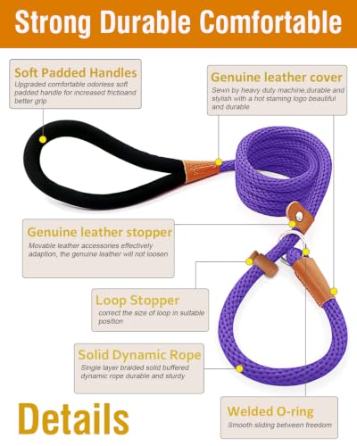Dog Leash Slip Lead Braided Rope Pet Training Loop Leashes 5ft 6ft 8ft | Lynxking Strong Heavy Duty 1/2" 3/8", Durable Padded Handle No Pull Basic Training Nylon Lead,Small Medium Large Dogs Puppy - color: Purple