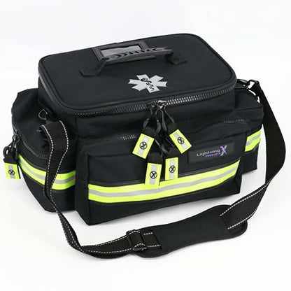 Lightning X Medium First Responder EMT Bag | LXMB25 | w/Reflective, Shoulder Strap & Zippered Compartments for First Aid + Trauma Supplies - Black - color: Black