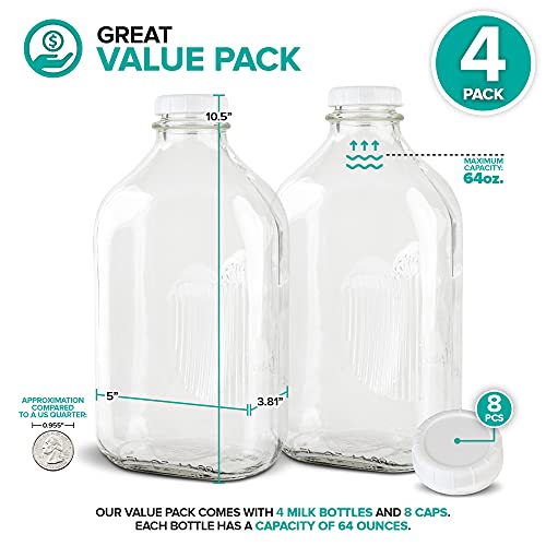 Stock Your Home Half Gallon Glass Milk Bottle with Lid (4 Pack) 64 Oz Jugs and 8 White Caps, Reusable Food Grade Milk Container for Refrigerator, Bottles for Juice, Oat or Plant Milks, Water, Honey - size: 64oz, style: 4 Pack