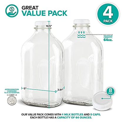 Stock Your Home Half Gallon Glass Milk Bottle with Lid (4 Pack) 64 Oz Jugs and 8 White Caps, Reusable Food Grade Milk Container for Refrigerator, Bottles for Juice, Oat or Plant Milks, Water, Honey - size: 64oz, style: 4 Pack