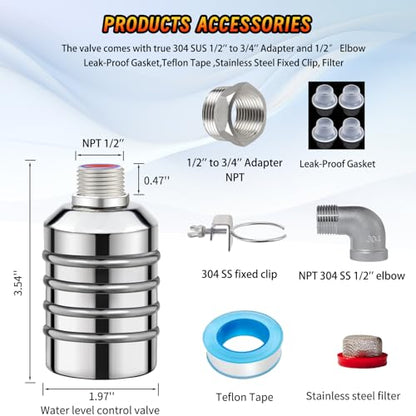 Leak-Proof NPT 1/2" Water Float Valve,1/2" to 3/4" 304 Stainless Steel Fully Automatic Water Level Control Float Valve for Water Tank, Cattle Tank, Pool, Fish Tank, Distiller, Livestock Troughs