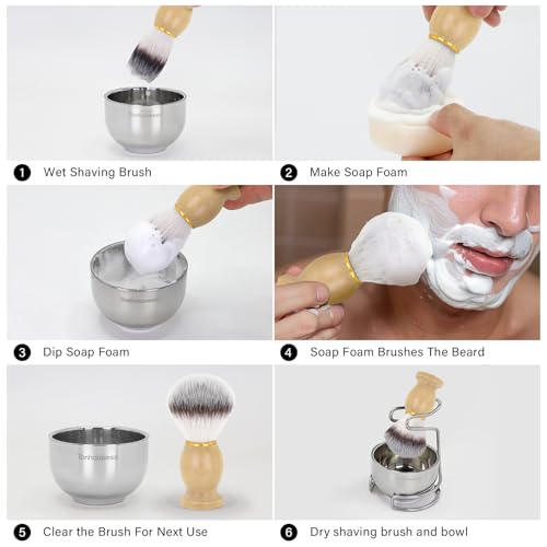 Shaving Brush Kit for Men, 4 in 1 Shaving Brush Set Includes Nylon Shaving Brush, Shaving Soap and Stainless Steel Shaving Bowl & Stand for Men’s Wet Shave Gift - color: Wood-B