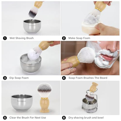 Shaving Brush Kit for Men, 4 in 1 Shaving Brush Set Includes Nylon Shaving Brush, Shaving Soap and Stainless Steel Shaving Bowl & Stand for Men’s Wet Shave Gift - color: Wood-B