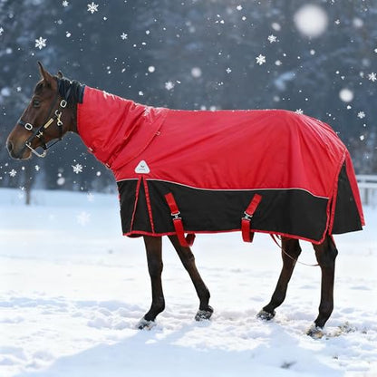 1680D All-Weather Horse Turnout Blanket with Detachable Neck Cover - 280g Medium Weight Winter Horse Blanket, Water-Resistant & Breathable for Cold Weather (72in/135cm) - color: Red&Black