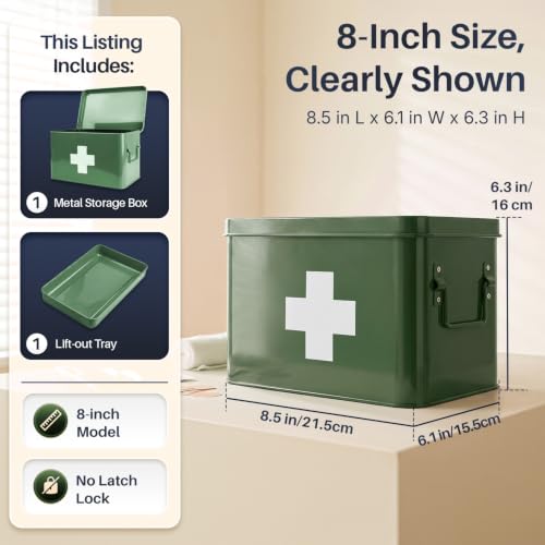 Flexzion Large Metal First Aid Box Empty, 8.5-Inch, Green with White Cross - color: Green, size: 8.5 Inch without Latch Lock