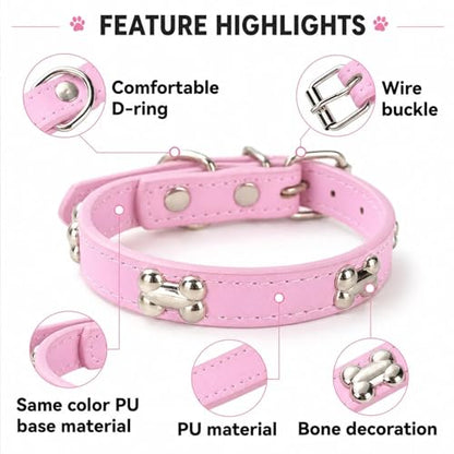 Adjustable PU Leather Dog Collar with Color Matched Bell,Pink S - color: pink, size: 7.5-11 Inch