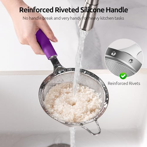 U-Taste Fine Mesh Strainer, 18/8 Stainless Steel Sieve 30 Mesh, M/Purple | Kitchen Strainer with Silicone Handle, 4.73in Medium Food Sieve, Metal Colander for Rinsing Rice, Quinoa, Flour, Berry Seed - color: (5) Purple, size: M-4.73in