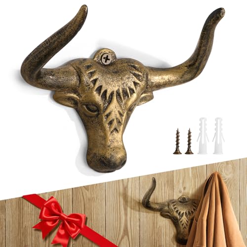 Cast Iron Bull Coat Hook, Western Wall Hook, Western decor, Gold, 2 Pack | Strong one piece cast, deep upturned hook for secure hanging, versatile hook for any space, waterproof and rustproof finish - color: Antique Gold