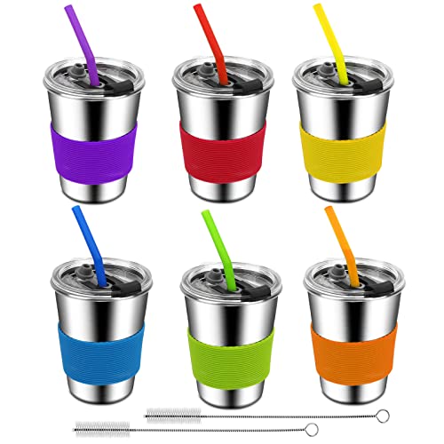 ShineMe Kids Cups with Straws and Lids, 12oz Spill Proof Toddle Straw Cups with Sleeves, Reusable Water Tumbler for Cold & Hot Drinks, Stainless Steel Sippy Cup 6 Pack - color: purple,red,yellow,blue,green,orange