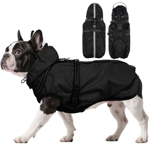 Dog Raincoat with Built-in Harness, Dog Rain Jacket with Clear Hood - color: Black, size: Large