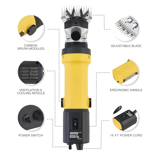 Johui Professional Electric Sheep Shears, 500W for Trimming and Grooming Sheep, Alpaca, Yak and Long-haired Animals, 2 Sets of Blades, 6 Speeds and 2600 RPM