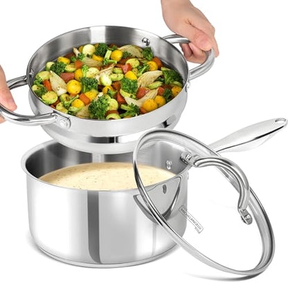 MICHELANGELO Stainless Steel Saucepan with Lid & Steamer, 3 Quart Sauce Pan with Lid, Steamer Pot with Pour Spout, 3 Qt Stainless Steel Pot, Induction Compatible, Oven Safe - size: 3 Quarts