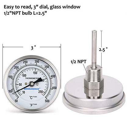 Measureman Fully Stainless Steel Bimetal Dial Thermometer, 3" Dial, 2-1/2" Stem, 50-500 deg F/10-260 deg C, -1% Accuracy, Adjustable, 1/2" NPT Back Mount - size: 3" Dial, 2-1/2" Stem, 50-500 deg F/10-260 deg C, style: 2-1/2" Stem
