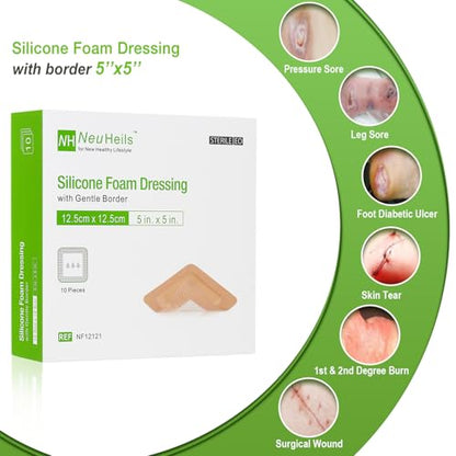 NeuHeils Silicone Foam Dressing with Border 5''x5'', 10 Pack for Bed Sores - size: 5''x5''(10 Pack)