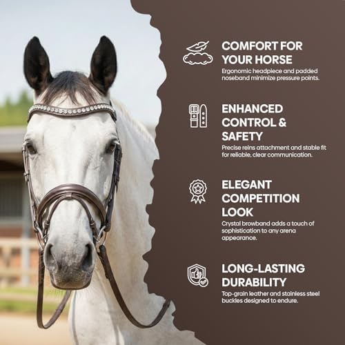 Equine Care English Horse Bridle with Reins, Padded, 6 Browband Styles | Hunter show bridles: classic fancy stitched or crystal browbands; padded crown, harness leather; bit not included - color: Havana Brown with Clear Crystals