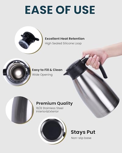 GiNT 74Oz Thermal Coffee Carafe, Insulated Stainless Steel Coffee Carafes for Keeping Hot/Double Walled Vacuum Thermal Carafe (Silver, 2.2L) - color: Silver, size: 74.4 Ounces