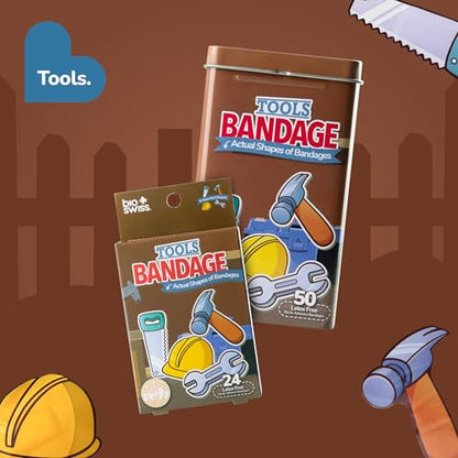 BioSwiss Bandages, Tools Shaped Self Adhesive Bandage Set, Latex Free, Sterile Wound Care, 50 Count - color: Tools, size: 50-Count Tin