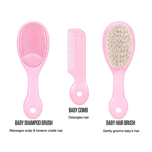 BRADYS HOUSE - 3 Piece Baby Hair Brush and Comb Set for Newborns and Toddlers (Pink)
