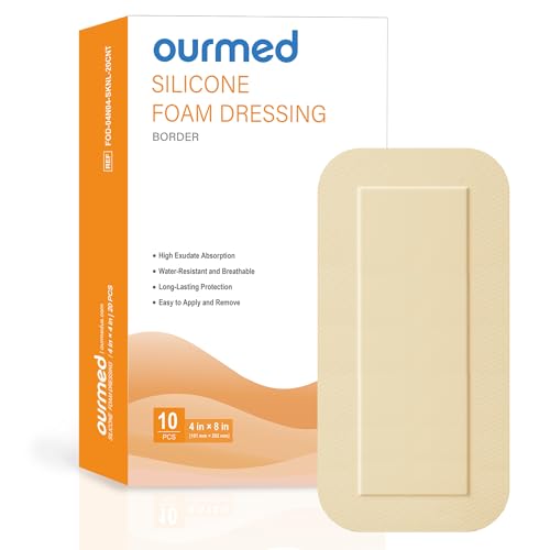Ourmed Silicone Foam Dressings(4"x 8" - 10 Packs) with Tender Adhesive Border, Sterile Advanced Absorbent Bandage, Wound Care for Bed Sores, Pressure Ulcers, Foot Diabetic Ulcer - size: 4"x 8" (10 Packs)
