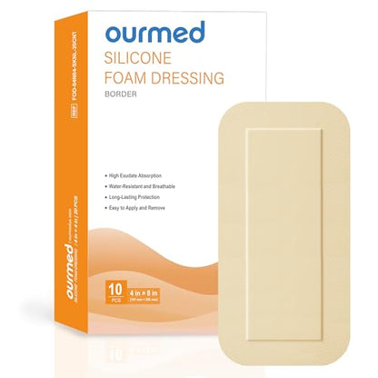 Ourmed Silicone Foam Dressings(4"x 8" - 10 Packs) with Tender Adhesive Border, Sterile Advanced Absorbent Bandage, Wound Care for Bed Sores, Pressure Ulcers, Foot Diabetic Ulcer - size: 4"x 8" (10 Packs)