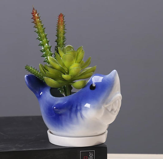 Cute Ceramic Succulent Happy Shark Garden Pots，w/Pottery Quality Finish, Cute Planting Pot, Indoor Plant Pot for Flowers & Herbs，Home Desktop Office Windowsill Decoration Gift. - color: Color 3