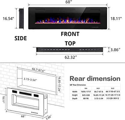 R.W.FLAME 68 inch Recessed and Wall Mounted Electric Fireplace, Ultra Thin and Low Noise,Fit for 2 x 6 Stud, Remote Control with Timer,Touch Screen,Adjustable Flame Color and Speed - size: 68"