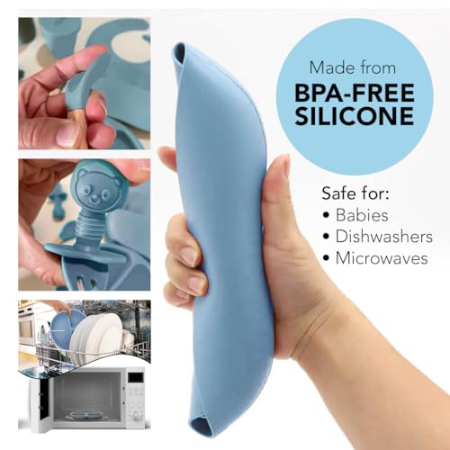 Silicone Baby Feeding Set Whimsy Blue Infant Tableware Collection with Bib Suction Bowl Utensils Straw Cup Snack Container - color: Whimsy Blue