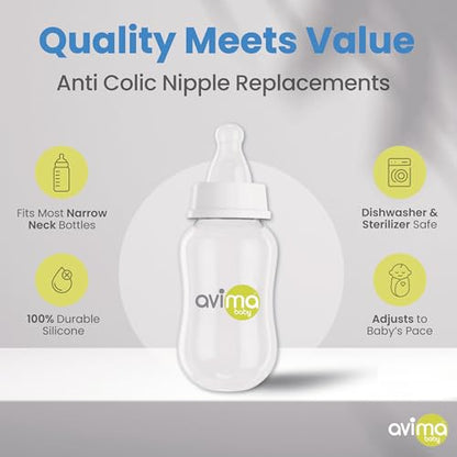 Avima Anti Colic Nipples for Narrow Neck Bottles, 0-3M, (Pack of 6)