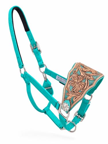 Majestic Ally Western Horse Bronc Halter, Turquoise Padded Leather Noseband, Antique Finish, Tooled Floral Design, Adjustable Nylon - style: Western Cross