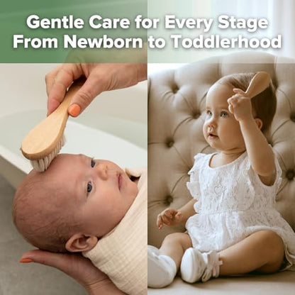 haakaa Wooden Baby Hair Brush for Newborns and Toddlers, Carry Pouch