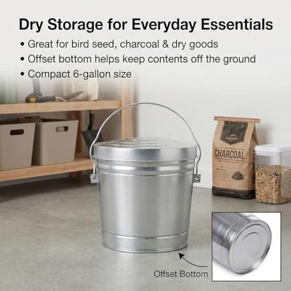 Galvanized Steel Locking Lid Trash Can - 6-Gallon Rodent-Proof Outdoor Storage Bin with Weather-Resistant Lid, Pet Food, Bird Seed, Charcoal Storage, Heavy Duty Metal Can