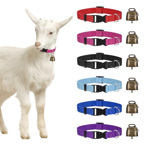 M METERXITY 1-Set Goat Collars with Bell, 13.8"-20.5" Polyester Adjustable Pet Collar with Anti-Lost Grazing Copper Bell for Small Farm Animal/Sheep/Cow/Goat [Multicolor] - color: Black, Rose Red, Blue, Dark Blue, Purple, Red
