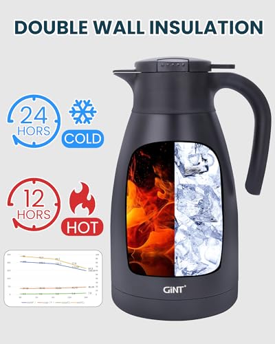 GiNT 2.2L / 74Oz Thermal Coffee Carafe, Insulated Stainless Steel Coffee Carafes for Keeping Hot/Double Walled Vacuum Thermal Carafe (Black) - color: Black, size: 74.4 Ounces