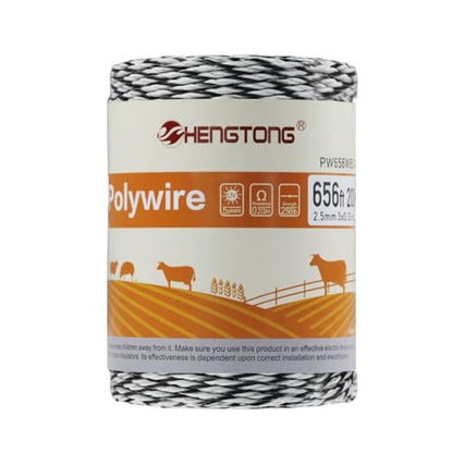 Electric Fence Polywire, 656ft (200m), 3 Aluminum Strands, UV-Resistant PVC, 0.1in (2.5mm) Diameter, 256 lbs Tensile Strength, for Livestock and Rotational Grazing, White and Black - size: 656 FT