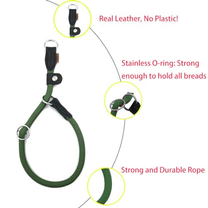 Braided Round Martingale Dog Collar, Training Collar with Slidable Stop Ring and Adjustable Stopper - Ideal for Large Dogs (L(1/2") - 20" Long, Dark Green) - color: Dark Green, size: L(1/2") - 20" Long with stopper