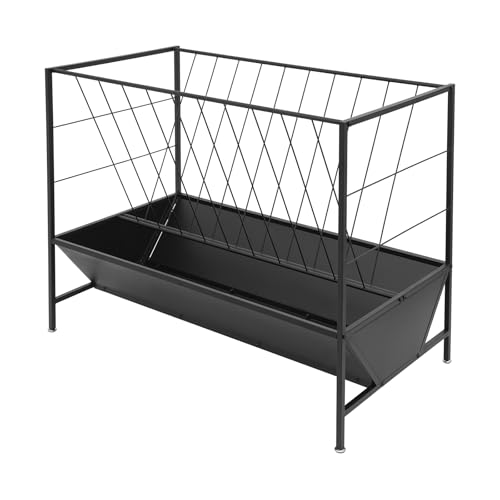 Pasture Hay Feeder - 50 Gallons, 2-in-1 Heavy Duty Hay Grain Livestock Feeder with 30 Gallon Feed Pan, Black Hay Grain Feeding Goats, Calves, Cow, Horse