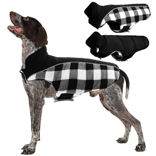 Kuoser Dog Winter Coat, Reversible Waterproof Dog Jacket with Reflective Strip, Warm Dogs Fleece Vest Adjustable Doggy Cold Weather Clothes Plaid Christmas Outfit Pet Apparel for Medium Dogs, Black M - color: Black, size: Medium (Chest Girth: 17.3-20.9''