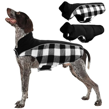 Kuoser Dog Winter Coat, Reversible Waterproof Dog Jacket with Reflective Strip, Warm Dogs Fleece Vest Adjustable Doggy Cold Weather Clothes Plaid Christmas Outfit Pet Apparel for Medium Dogs, Black M - color: Black, size: Medium (Chest Girth: 17.3-20.9''